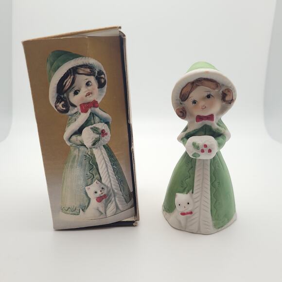Holiday Belle Christmas w/Cat Jasco 1978 Hand Crafted in Taiwan Bisque Porcelain - Picture 1 of 9